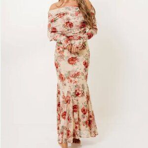 Worth Collective NWT Azaleia Tan Rose Floral Ruched Flounce Mesh Maxi Dress S